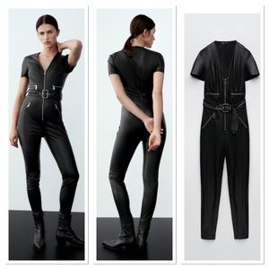 NWT Zara Blogger Favorite V-Neck Short Sleeve Self Belt Faux Leather Jumpsuit